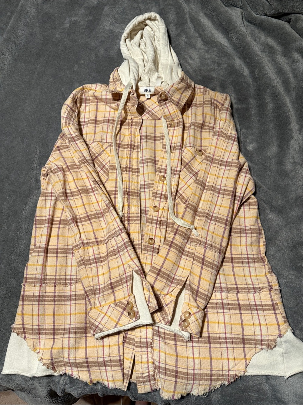 BKE Hooded Plaid Shacket in Cream, Beige & Mauve